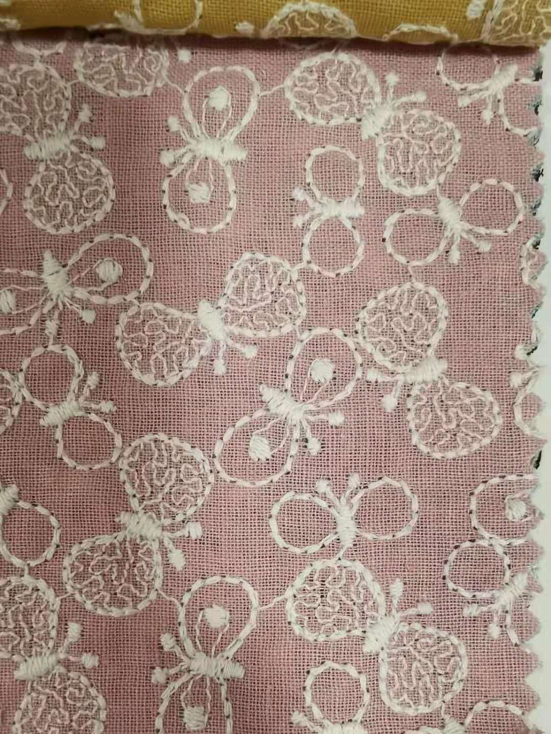 Butterfly Embroidery Linen Cotton Fabric, 49 in Wide - Pink