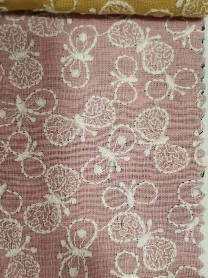 Butterfly Embroidery Linen Cotton Fabric, 49 in Wide - Pink