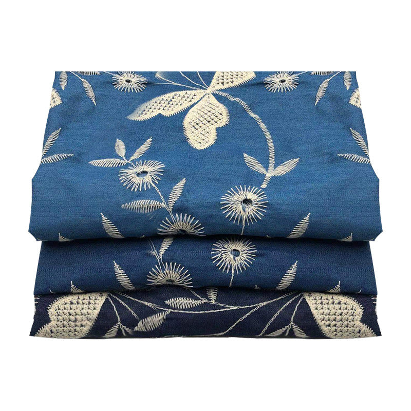 Poly-Cotton Embroidered Denim Fabric, Lightweight Denim for Shirts & Dresses