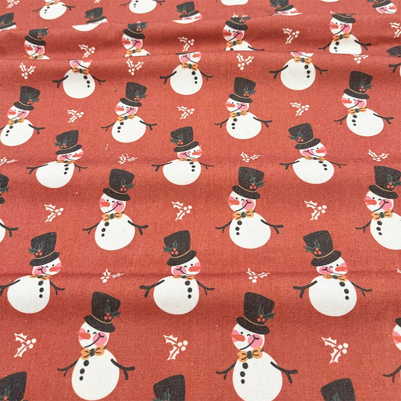 Christmas Print Cotton-Linen Fabric, Encrypted Woven Cloth for Decor & DIY - Red Snowman