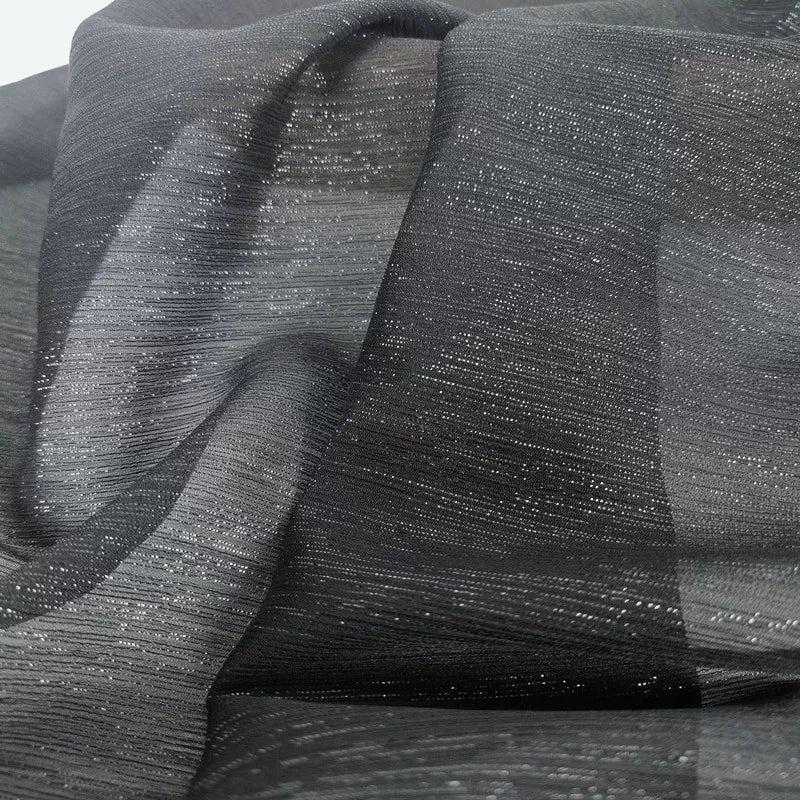 Crinkle Chiffon Fabric with Metallic Shimmer for Hanfu, Dresses & Curtains - Black