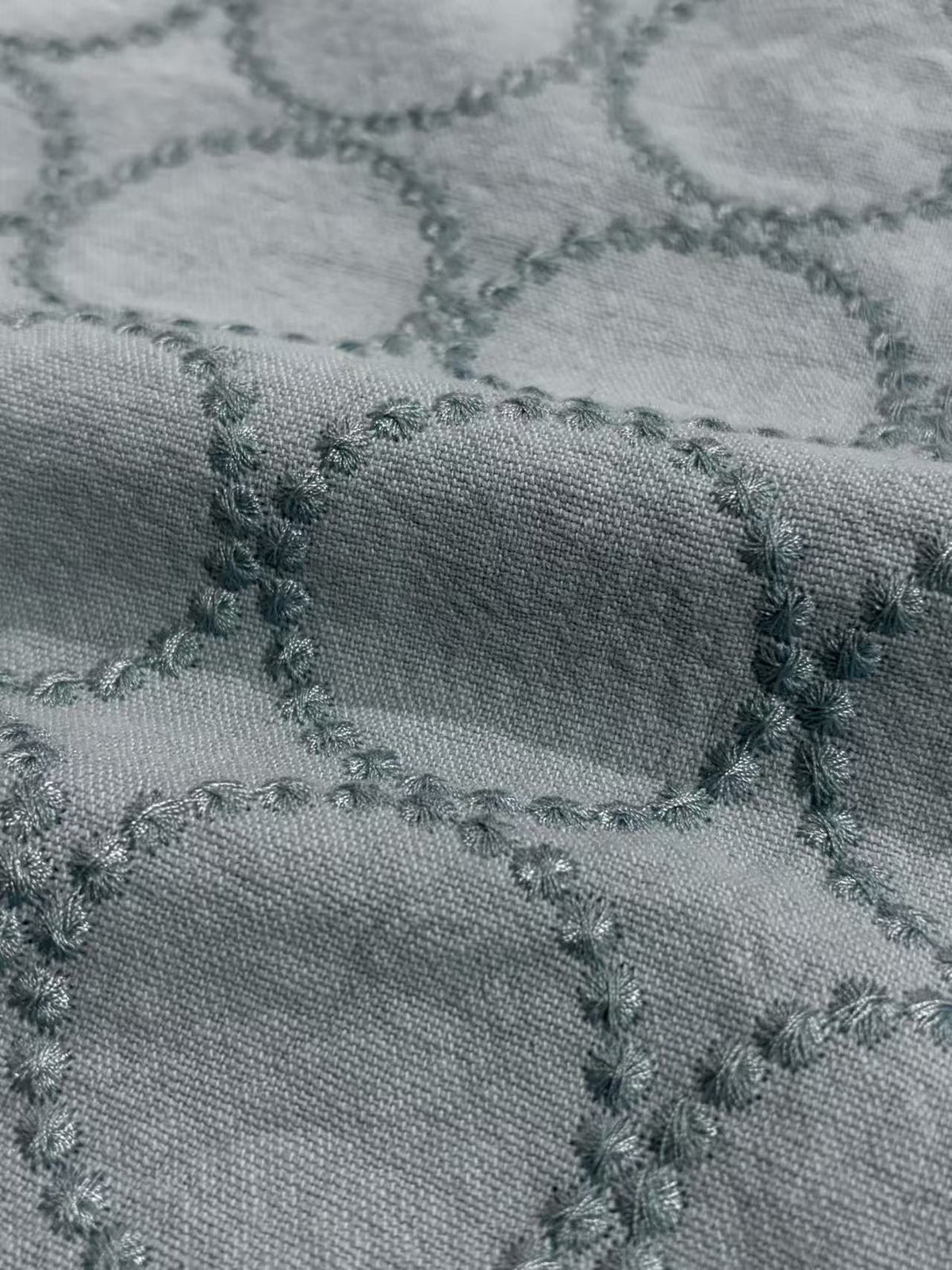 Embroidered Linen Cotton Fabric, Heavy 14oz, 47 in Wide - Blue on Blue-Grey