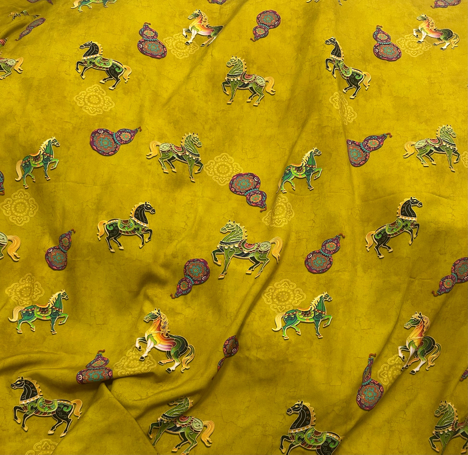 Rayon Fabric, Golden Horse Print, for Qipao & Vests