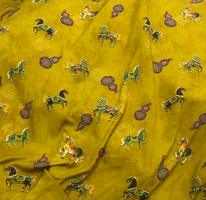 Rayon Fabric, Golden Horse Print, for Qipao & Vests