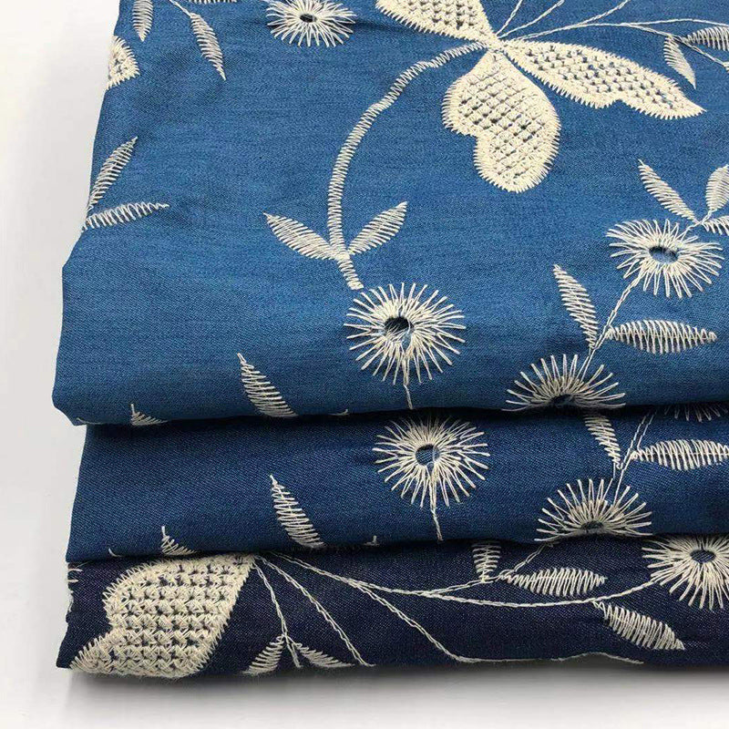 Poly-Cotton Embroidered Denim Fabric, Lightweight Denim for Shirts & Dresses