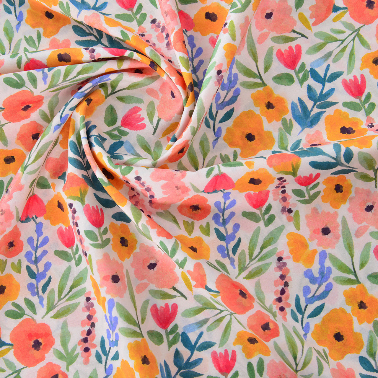 Vintage Floral Cotton Fabric, 60s Print Cloth for Kids Dresses & Dolls - Clear Sky Floral