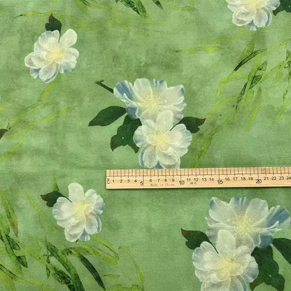 Green Botanical Print Cotton-Linen Fabric, Encrypted Woven Cloth for Decor & Apparel