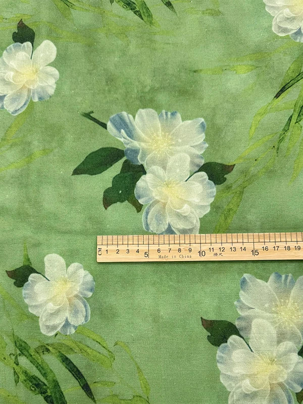 Green Botanical Print Cotton-Linen Fabric, Encrypted Woven Cloth for Decor & Apparel