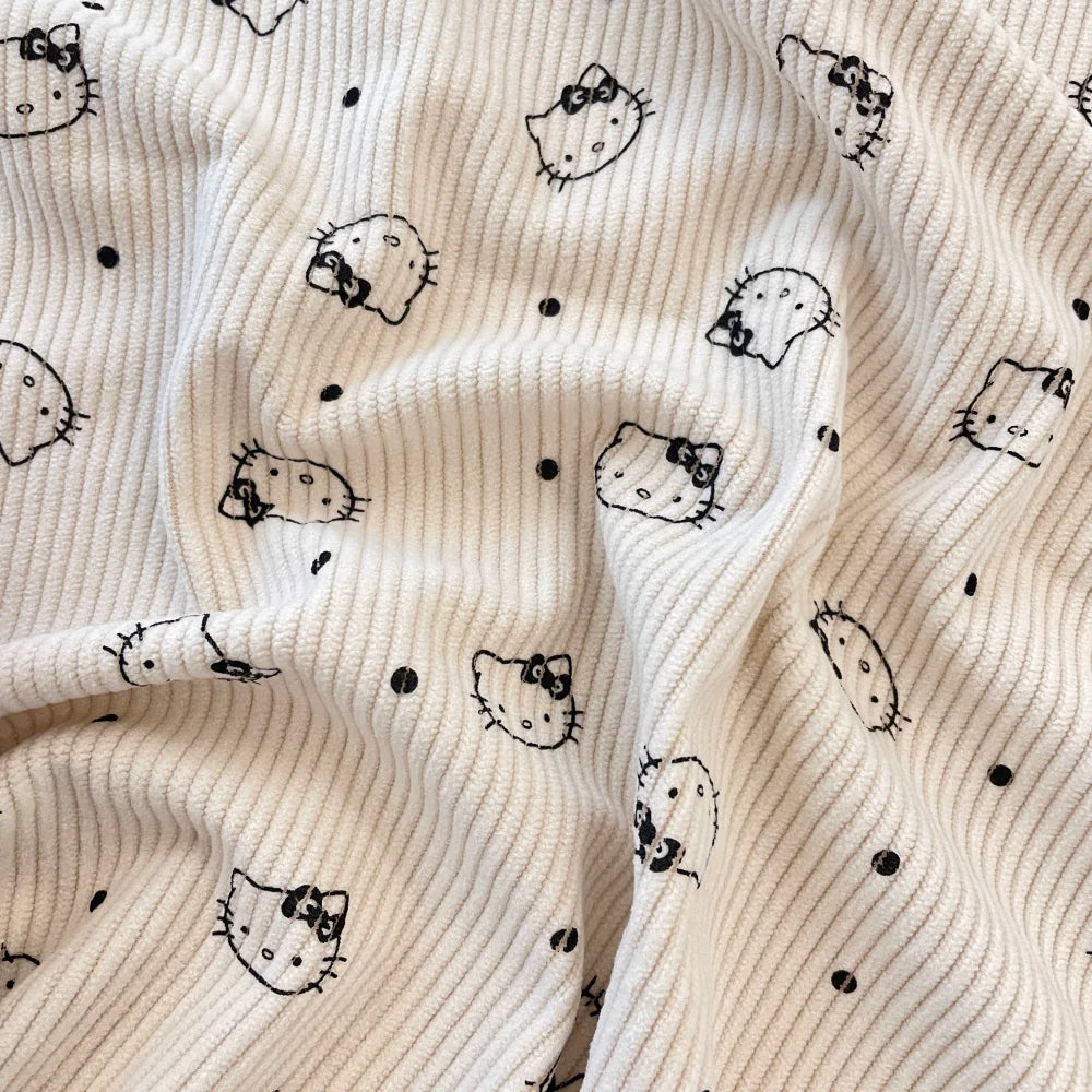 Printed Cotton Corduroy Fabric, for Dresses & Cushions - Corduroy Kitty Cream