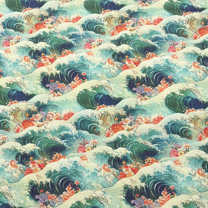 Japanese Floral Print Cotton Linen Fabric for Curtains & Decor - Wave