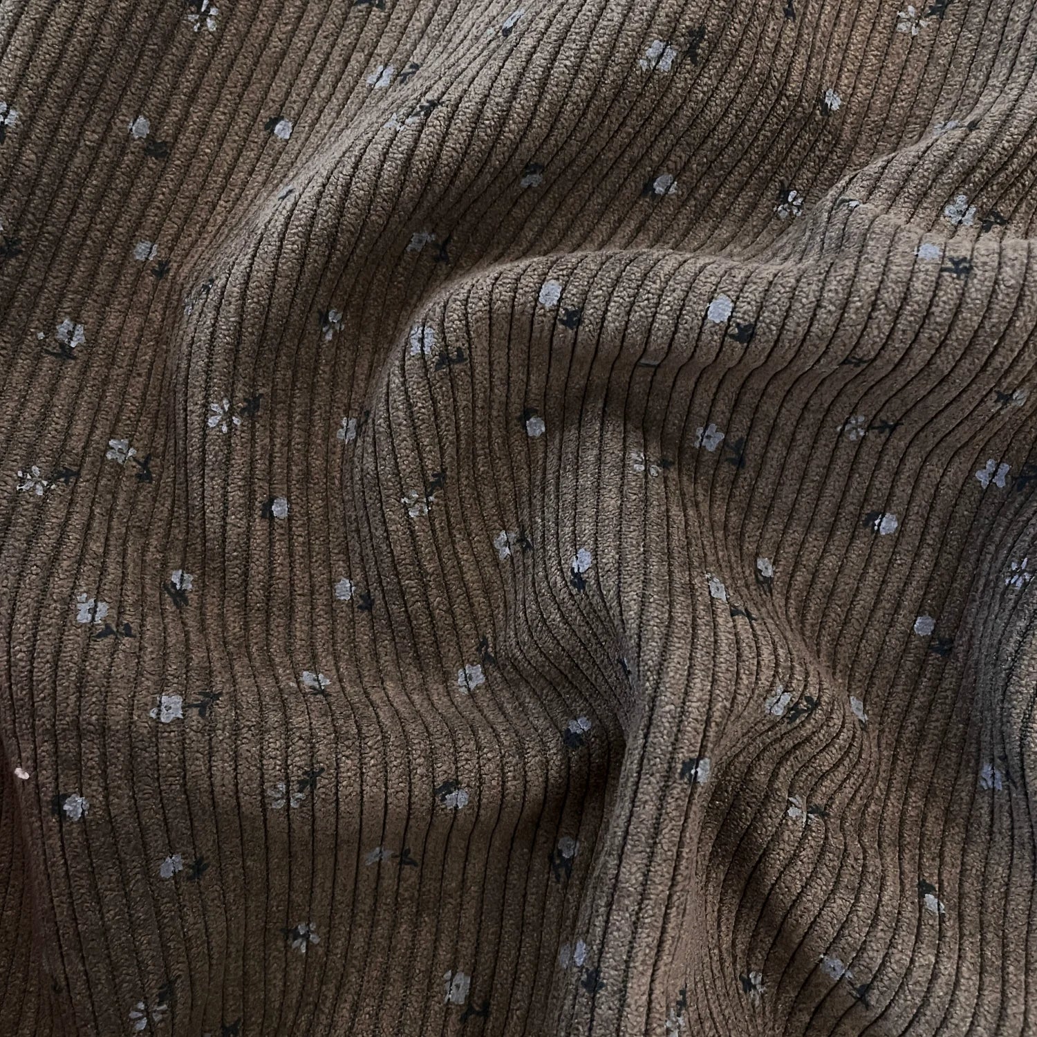 Printed Cotton Corduroy Fabric, for Dresses & Cushions - Corduroy Small Floral Coffee