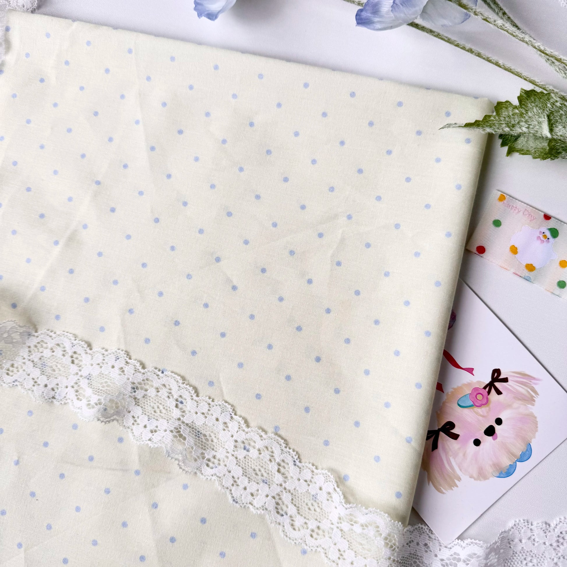 Cotton Fabric, Two-Tone Polka Dot, for Dollwear, Scrunchies & Light Tops - Cream Yellow Blue Dot