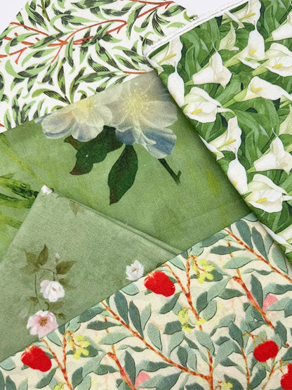 Green Botanical Print Cotton-Linen Fabric, Encrypted Woven Cloth for Decor & Apparel