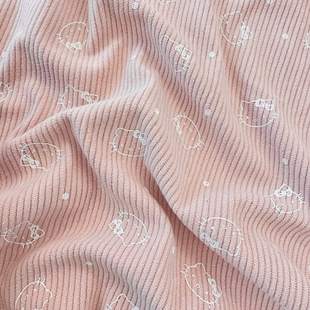 Printed Cotton Corduroy Fabric, for Dresses & Cushions - Corduroy Kitty Pink