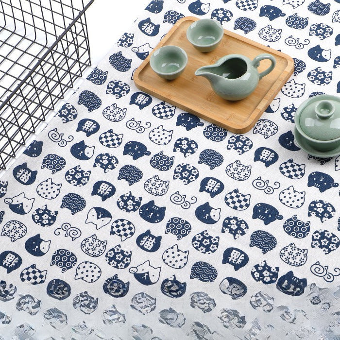 Japanese Wave Cotton-Linen Print Fabric, Woven Home & Apparel Cloth - White Lucky Cat