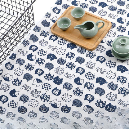 Japanese Wave Cotton-Linen Print Fabric, Woven Home & Apparel Cloth - White Lucky Cat