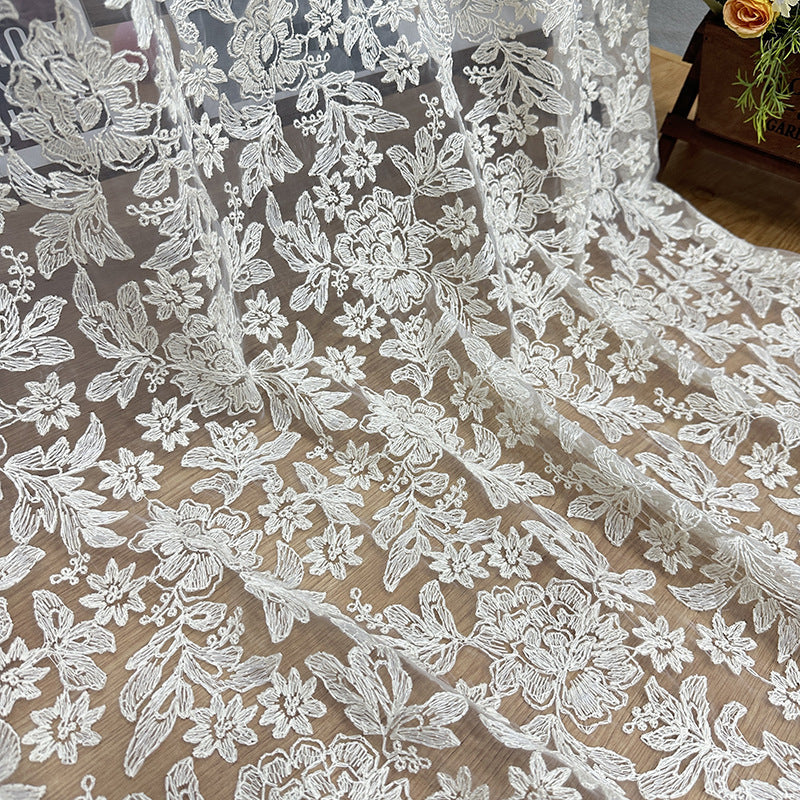 White Embroidered Lace Mesh Fabric for Bridal & Girls' Dresses