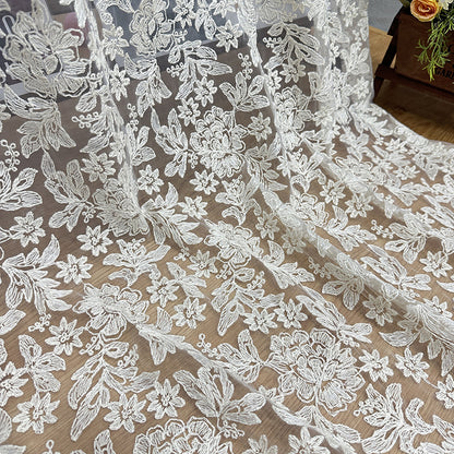 White Embroidered Lace Mesh Fabric for Bridal & Girls' Dresses