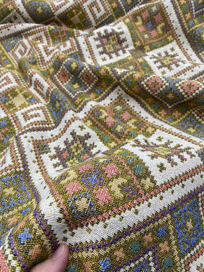 Ethnic Diamond Check Jacquard Denim Fabric, Vintage Cloth for Apparel & Bags - Khaki Green