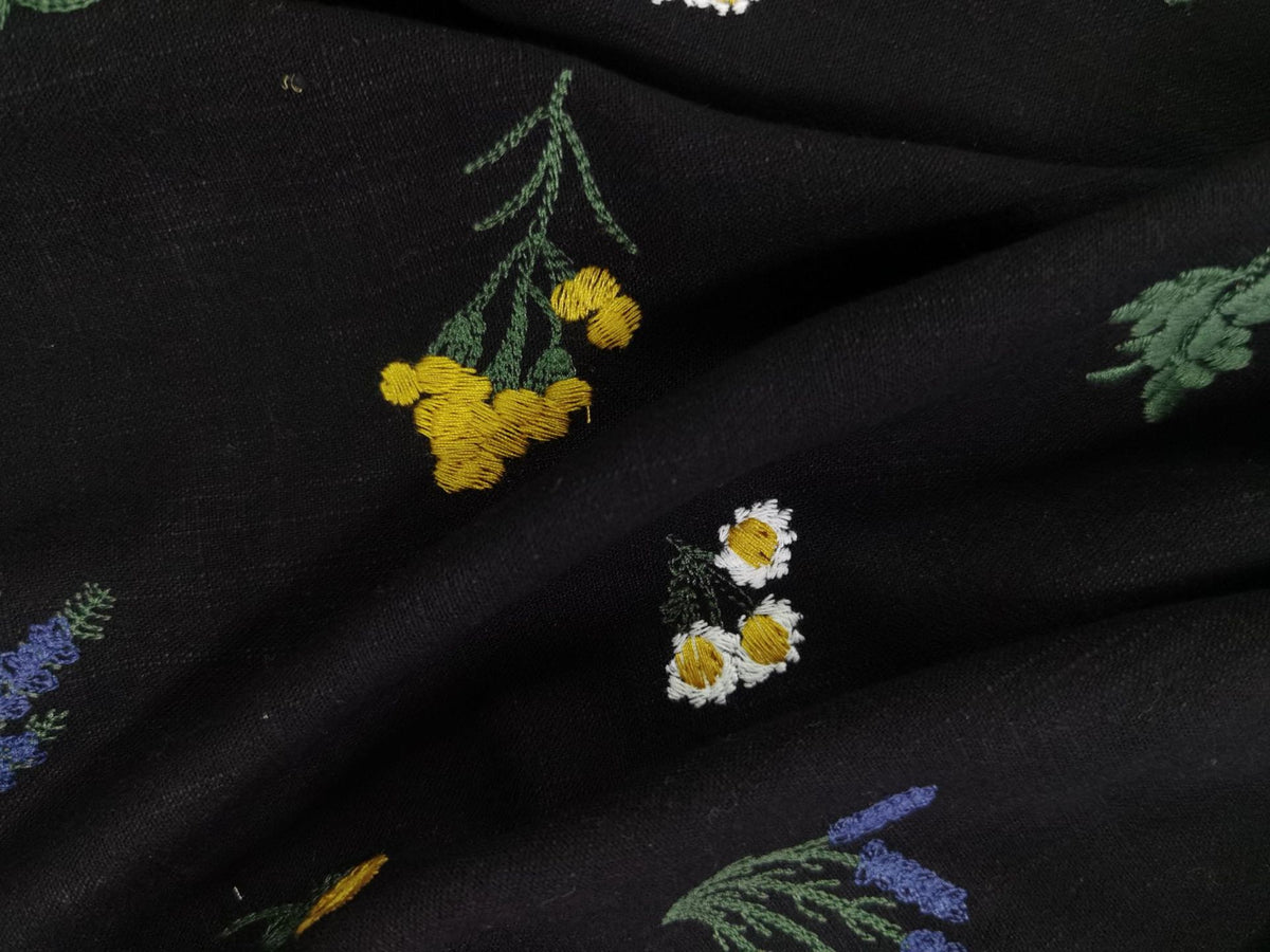 Linen Rayon Plant Embroidery Fabric, 49 in Wide - Black Ramie