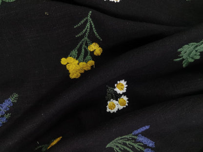 Linen Rayon Plant Embroidery Fabric, 49 in Wide - Black Ramie