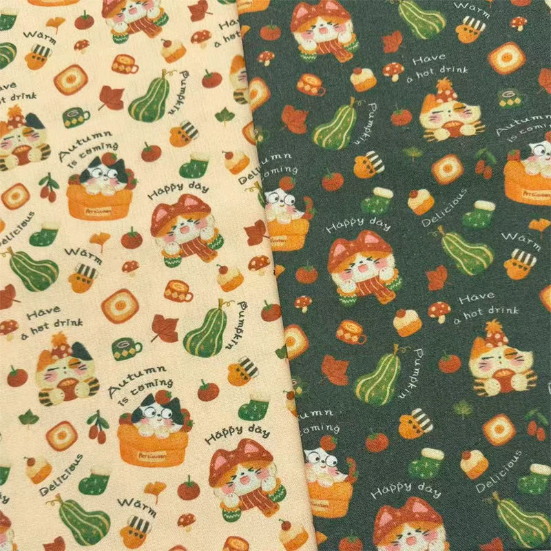 Autumn Cat Print Cotton Linen Fabric for DIY, Tablecloths & Cat Beds
