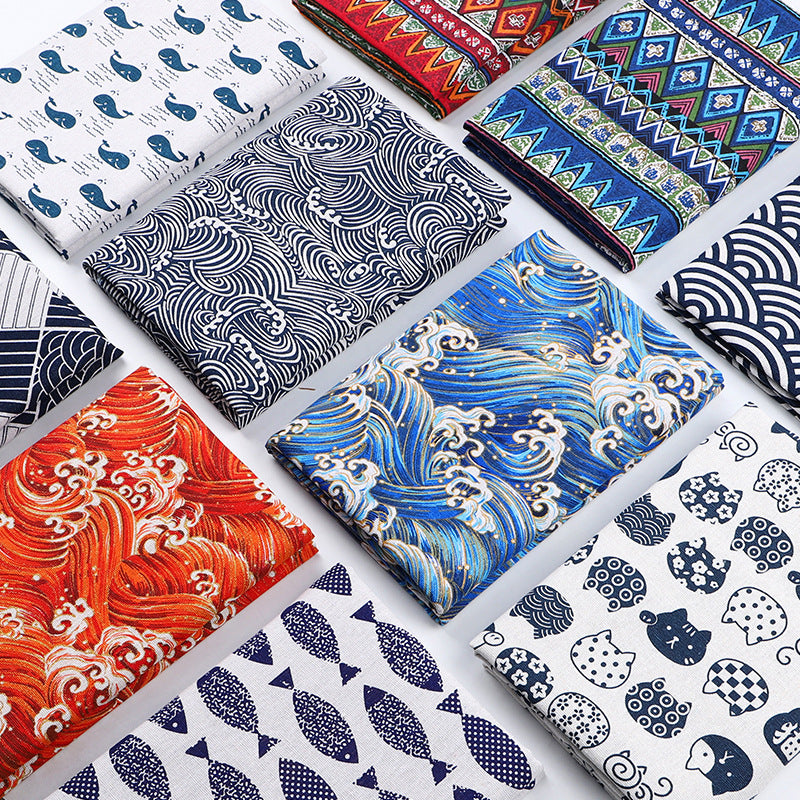 Japanese Wave Cotton-Linen Print Fabric, Woven Home & Apparel Cloth