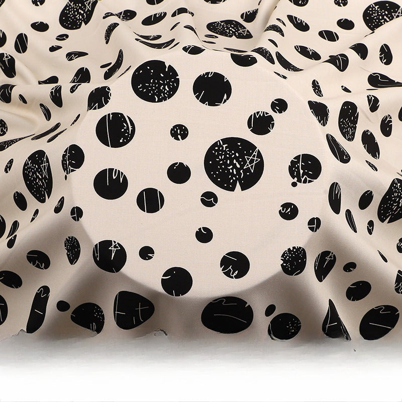 Rayon Polka Dot Fabric, Soft Challis Cloth for Dresses & Sleepwear - Beige Black Dot