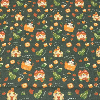 Autumn Cat Print Cotton Linen Fabric for DIY, Tablecloths & Cat Beds - Green