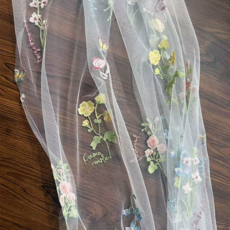 Polyester Mesh Fabric with Butterfly Embroidery, 90 g/m², 150 cm Wide, for Dresses, Blouses & Craft - White