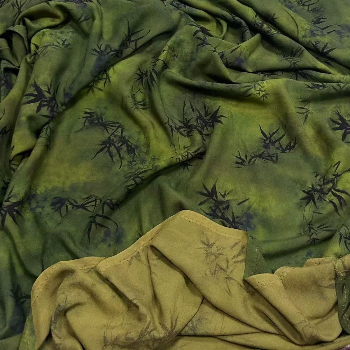 Rayon Fabric, Green Bamboo Print, for Qipao & Pajamas - Green Bamboo