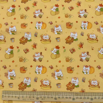 Autumn Woodland Bear Print Cotton-Linen Fabric, Cozy Fall Cloth for DIY & Decor