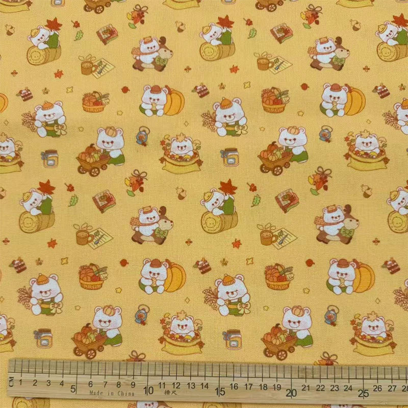 Autumn Woodland Bear Print Cotton-Linen Fabric, Cozy Fall Cloth for DIY & Decor - Yellow