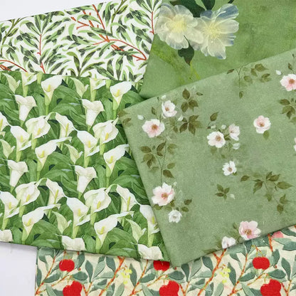 Green Botanical Print Cotton-Linen Fabric, Encrypted Woven Cloth for Decor & Apparel