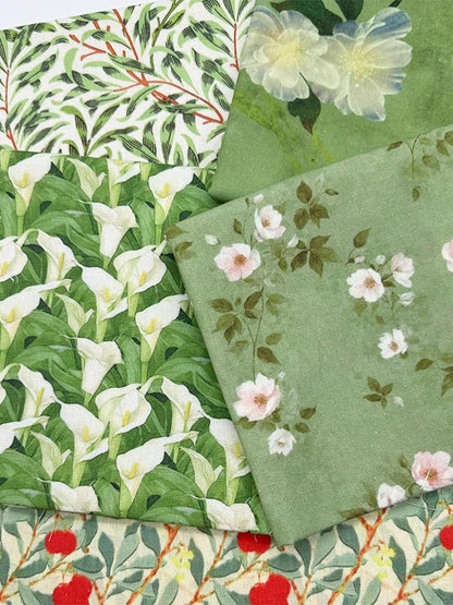 Green Botanical Print Cotton-Linen Fabric, Encrypted Woven Cloth for Decor & Apparel