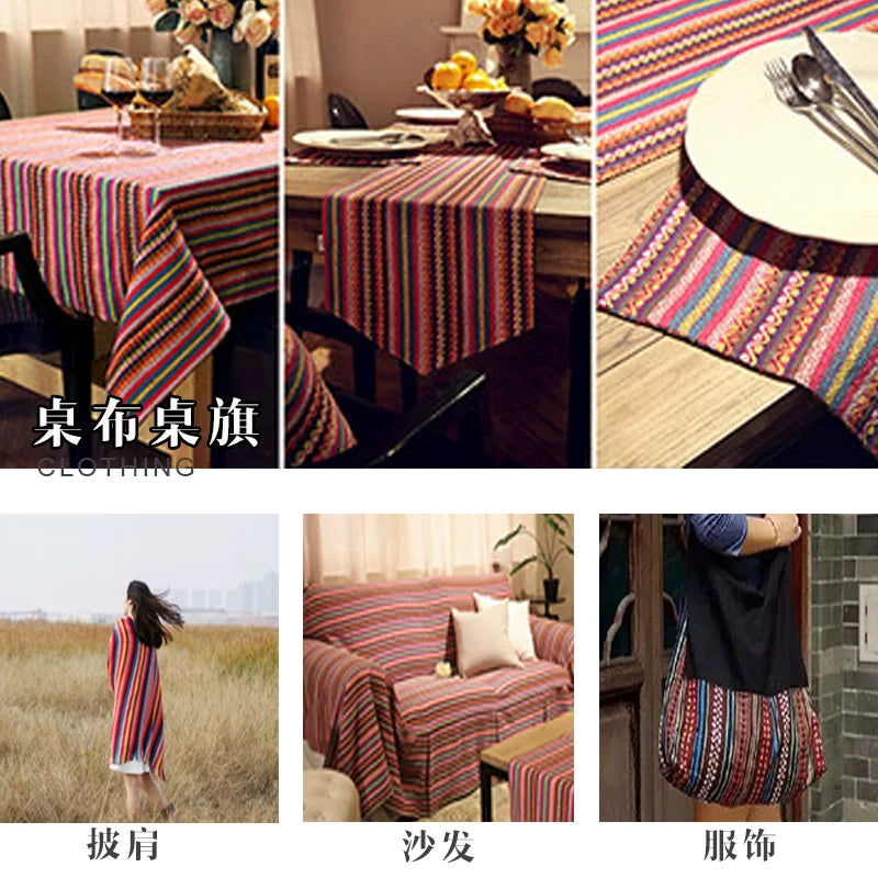 Ethnic Cotton Linen Tablecloth Fabric, Vintage Woven for Home Decor
