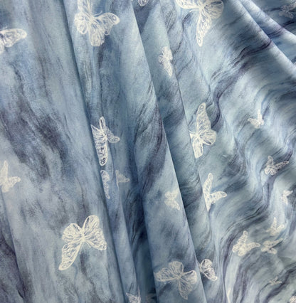 Rayon Fabric, Blue Butterfly Print, for Qipao & Dresses - Blue Butterfly