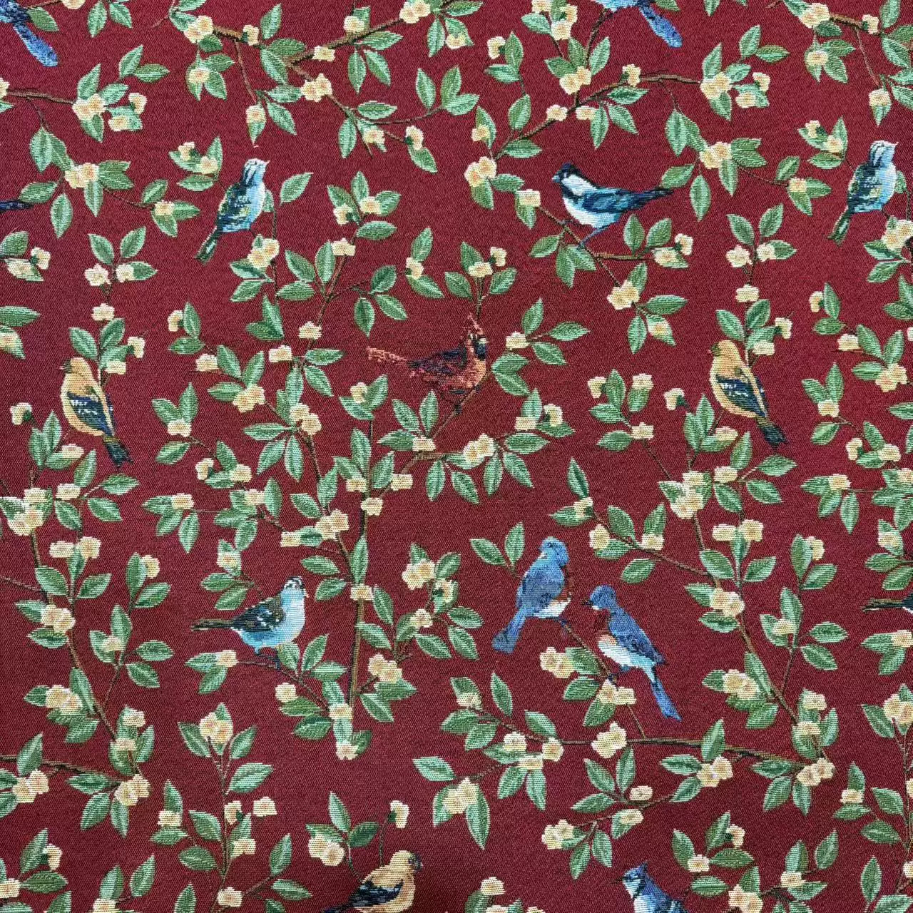 Poly Jacquard Bird & Flower Fabric, for Curtains & Linens - Wine Red