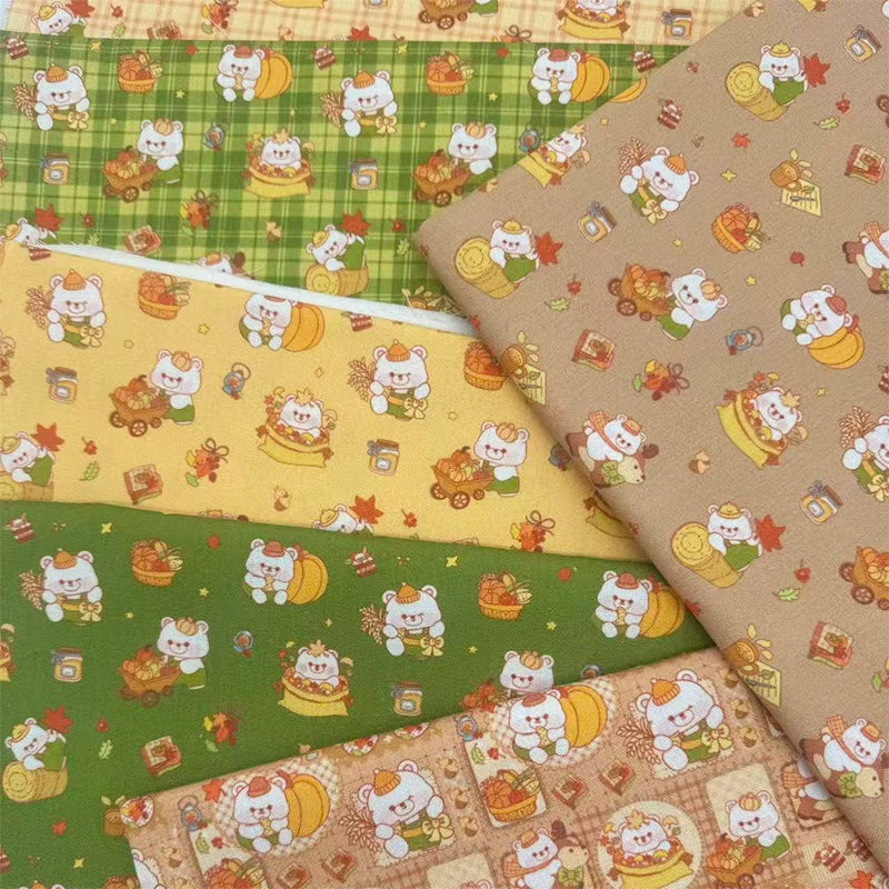 Autumn Woodland Bear Print Cotton-Linen Fabric, Cozy Fall Cloth for DIY & Decor