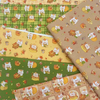 Autumn Woodland Bear Print Cotton-Linen Fabric, Cozy Fall Cloth for DIY & Decor