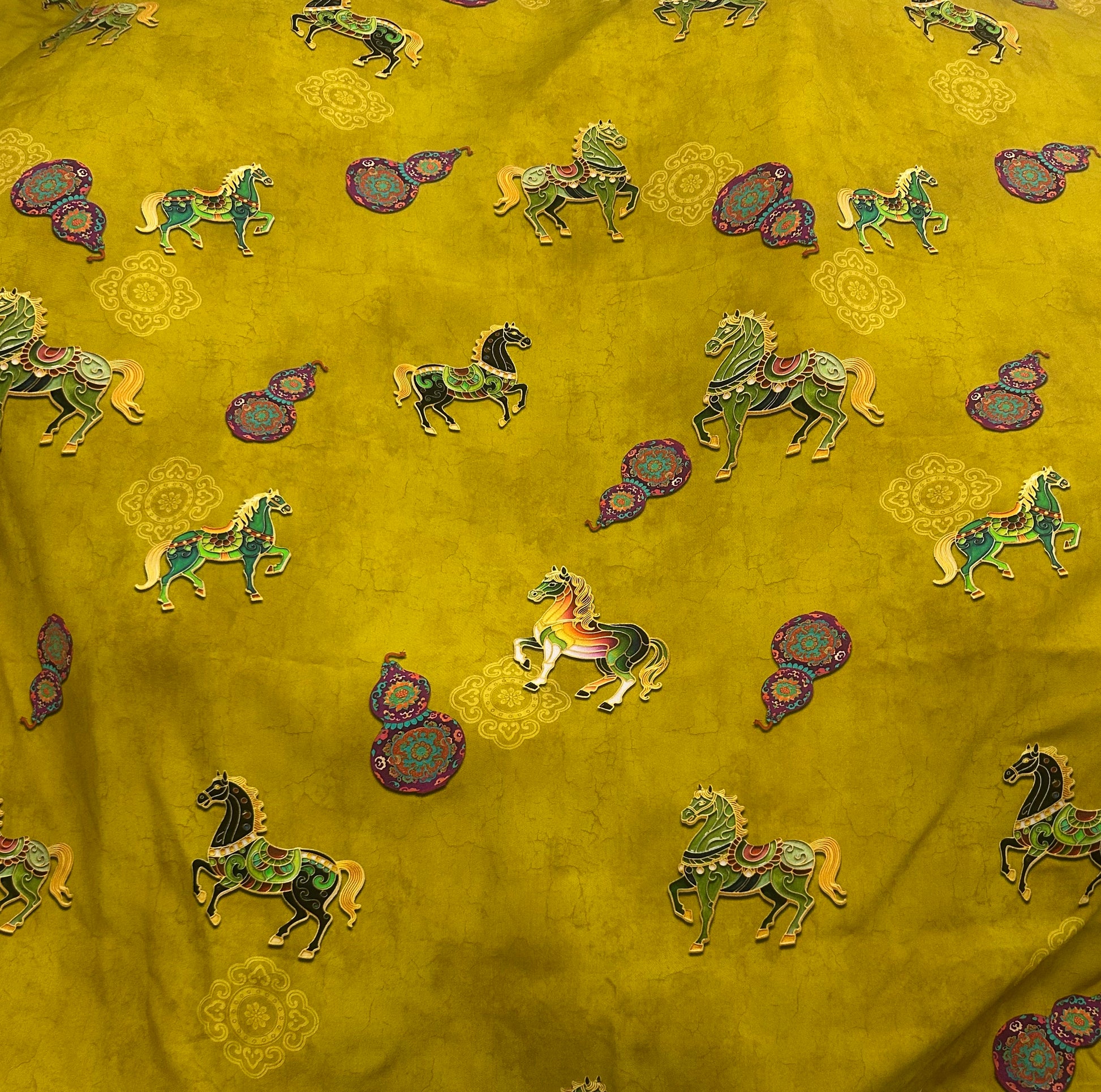 Rayon Fabric, Golden Horse Print, for Qipao & Vests
