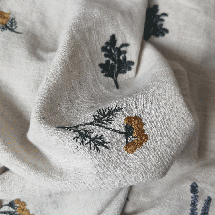 Linen Rayon Plant Embroidery Fabric, 49 in Wide