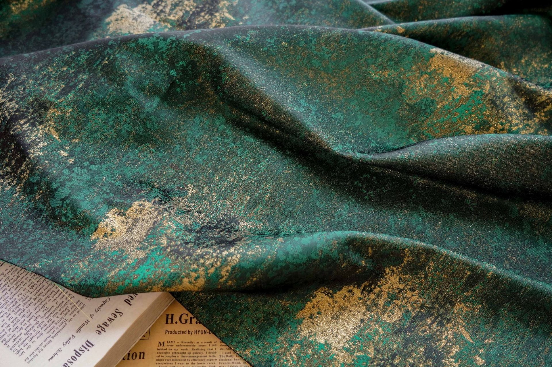 Gold Metallic Yarn Jacquard Fabric - Apparel & Decor by the Yard - Gold Dark Green