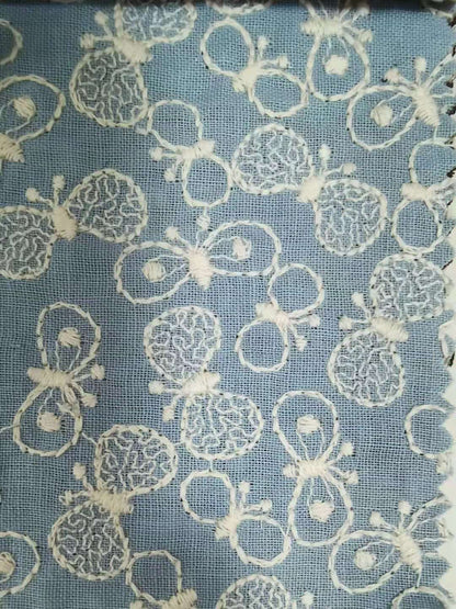 Butterfly Embroidery Linen Cotton Fabric, 49 in Wide - Blue
