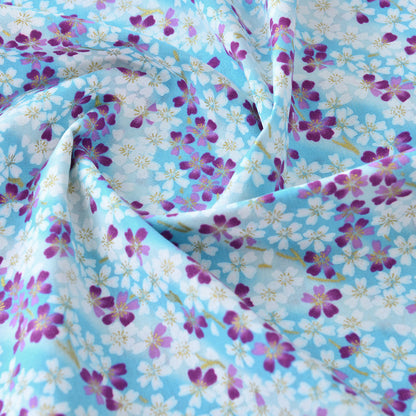 Cherry Blossom Gold Foil Cotton Fabric - Craft Apparel by the Yard - Blue White Base
