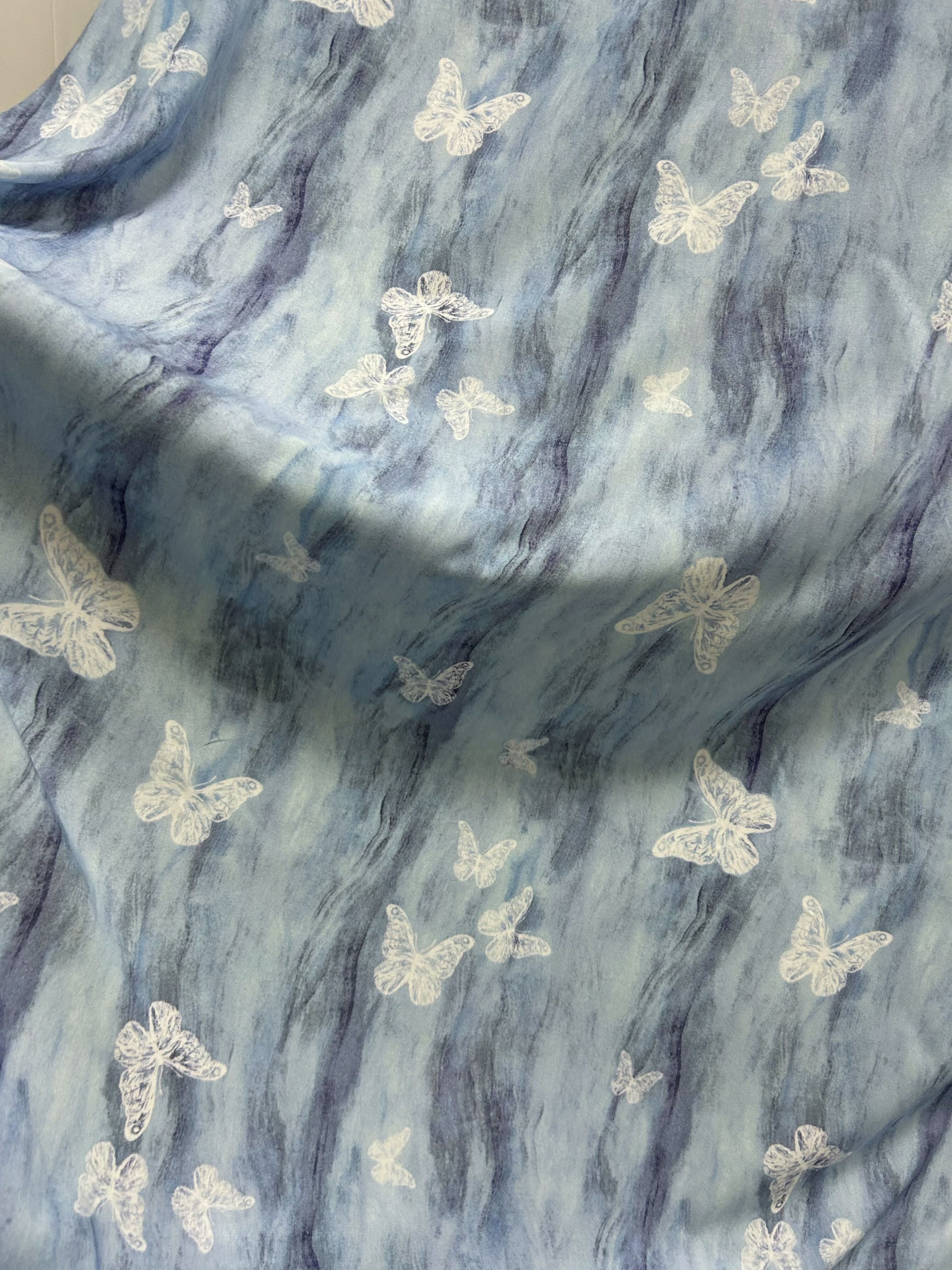 Rayon Fabric, Blue Butterfly Print, for Qipao & Dresses