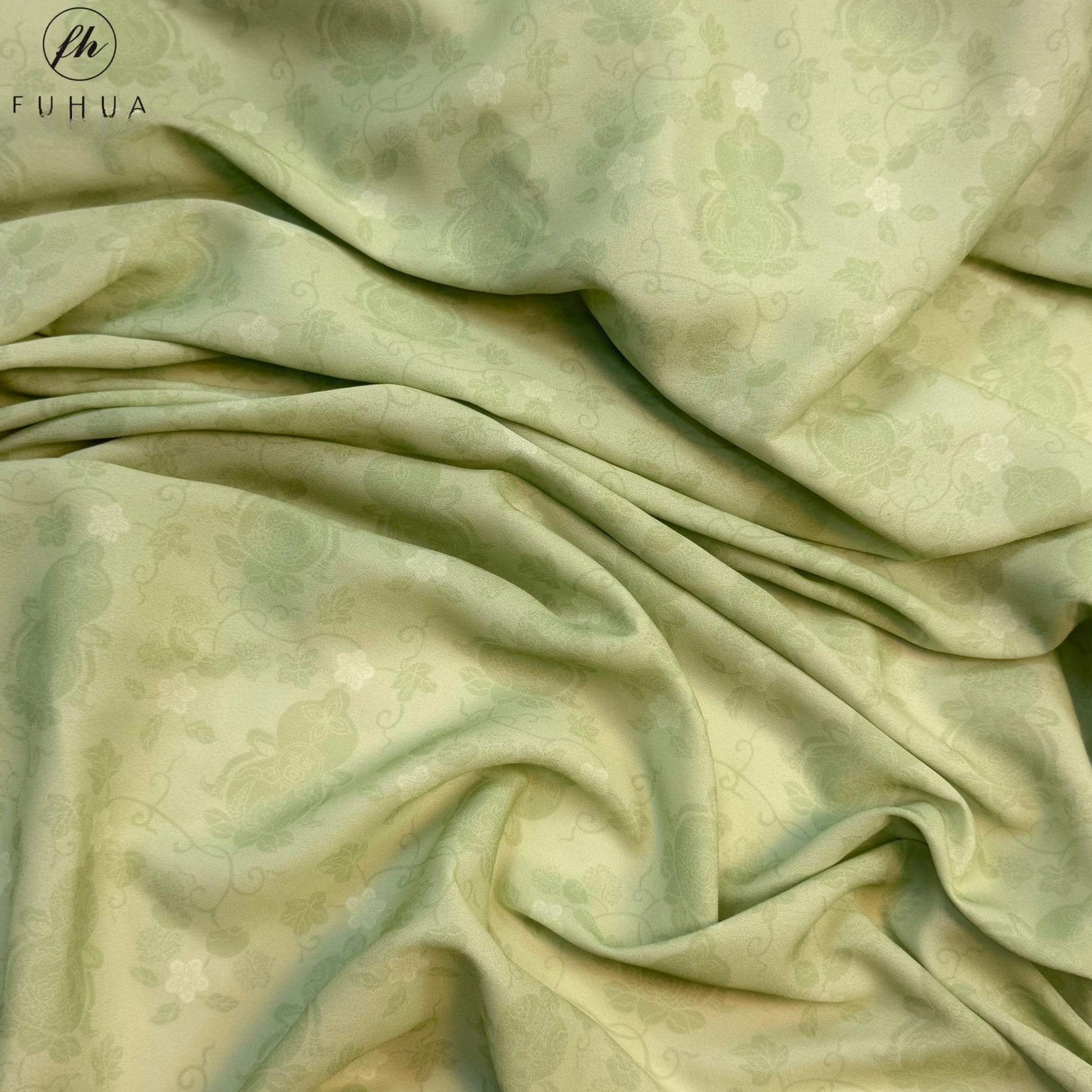 Chiffon Print Fabric with Gourd Vines, Sheer Polyester Cloth for Hanfu & Apparel - Sprout Green