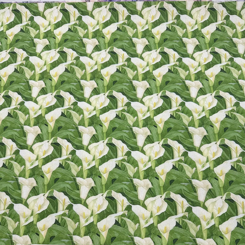 Green Botanical Print Cotton-Linen Fabric, Encrypted Woven Cloth for Decor & Apparel - White & Green