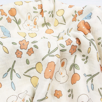 Double Gauze Cotton Fabric - Crinkle Texture Apparel & Craft by the Yard - Floral Tulip Bunny