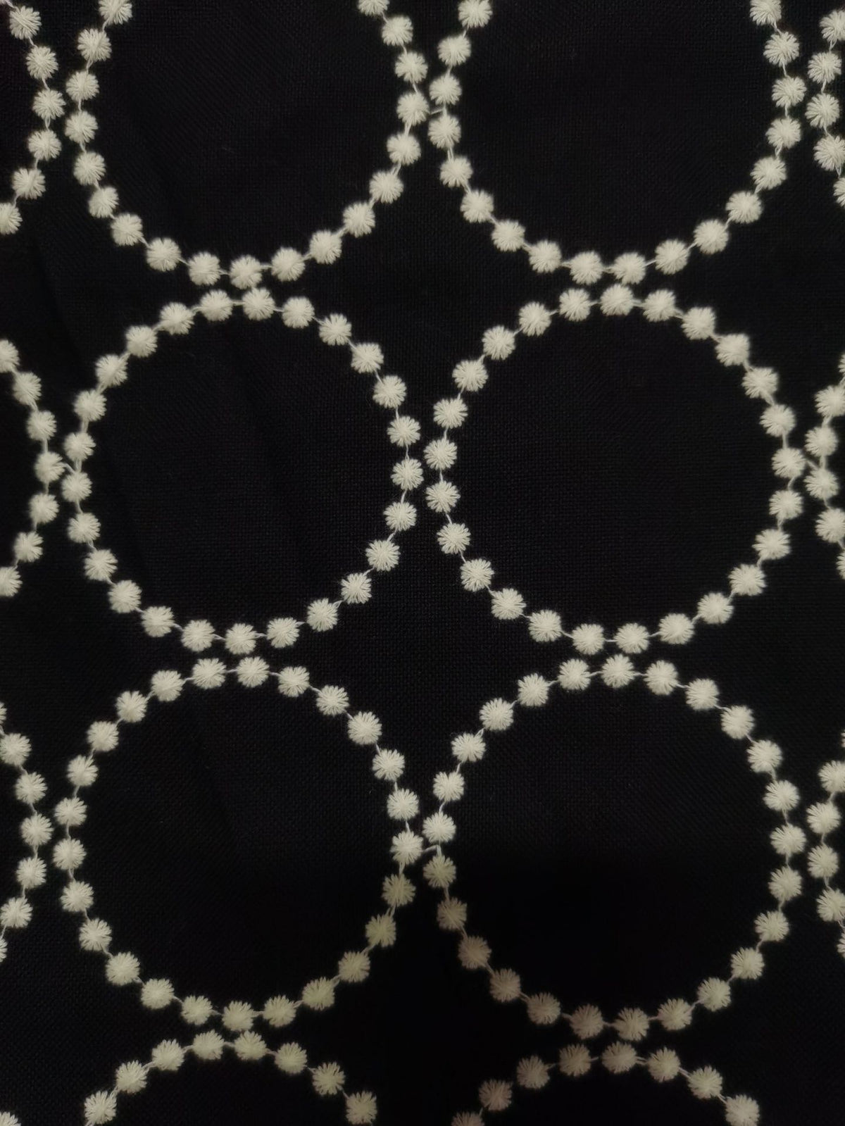 Embroidered Linen Cotton Fabric, Heavy 14oz, 47 in Wide - White Ring on Black